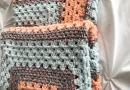 Crochet modern granny blanket in peach and blue